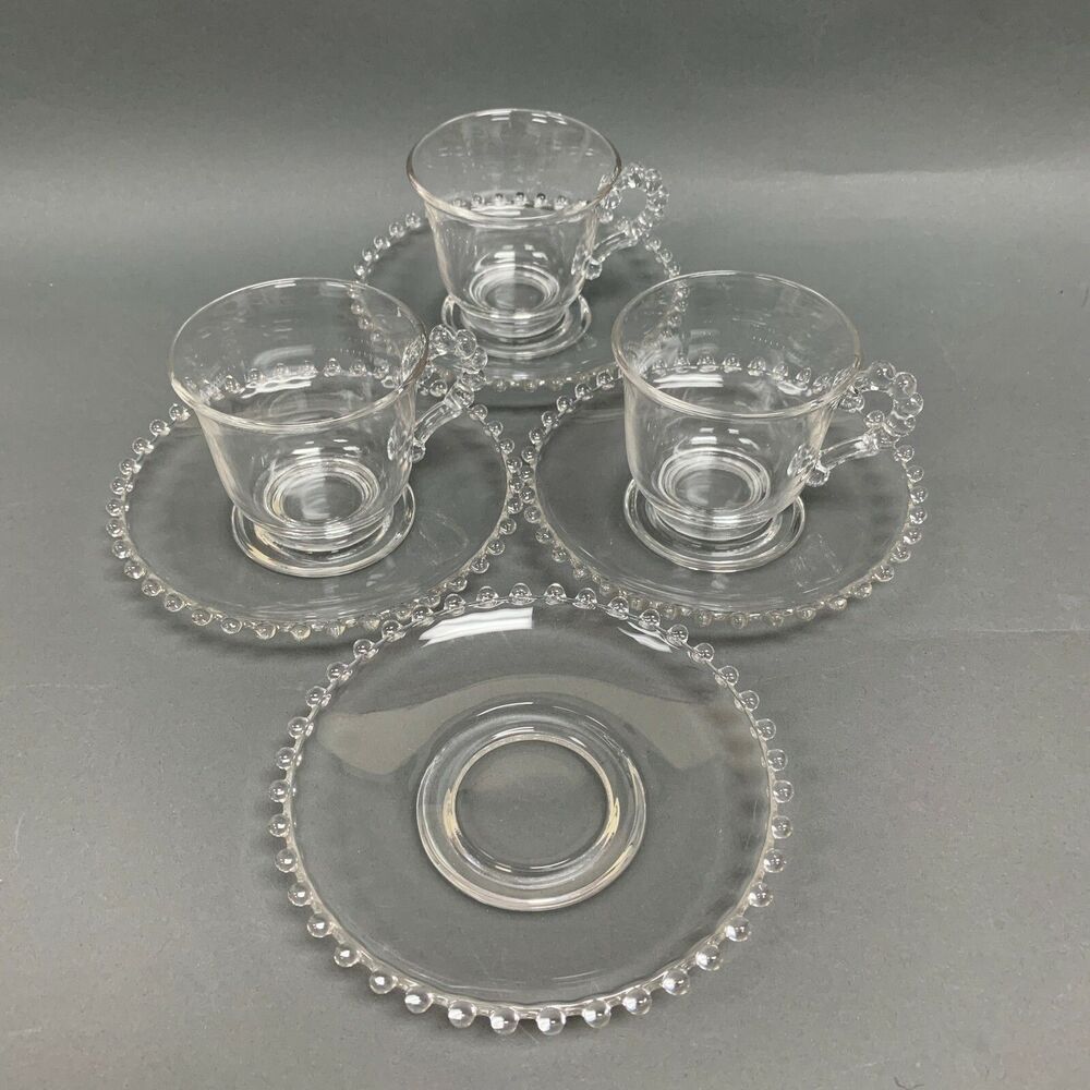 Ohio Imperial Glass Cups and Saucers Clear Beaded Candlewick Lot of 7